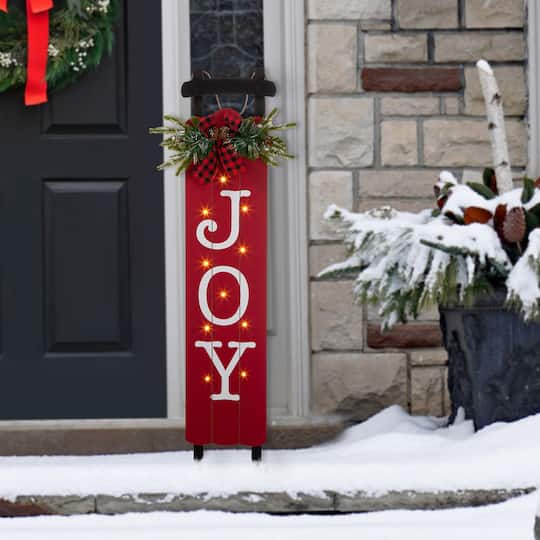 Glitzhome® 40" Lighted Wooden Sleigh JOY Porch Sign with Timer